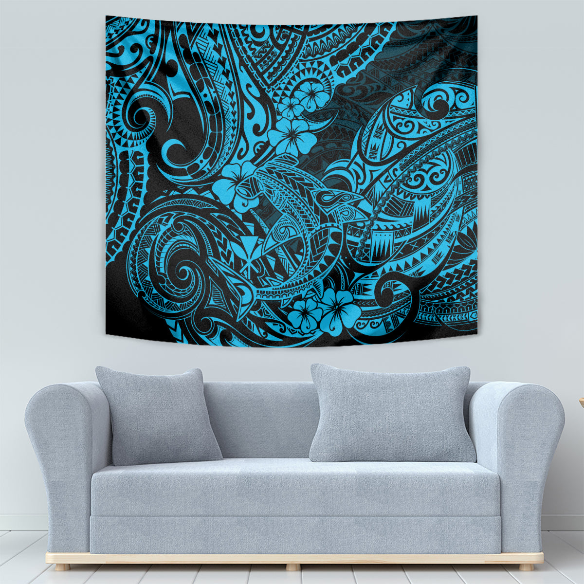 Blue Polynesian shark tapestry with swirling tribal designs and flower accents in teal