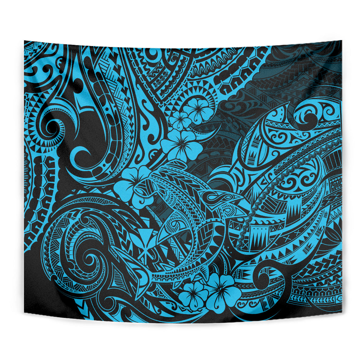Blue Polynesian shark tapestry featuring swirling tribal motifs and flower accents in teal