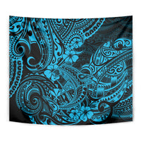 Blue Polynesian shark tapestry featuring swirling tribal motifs and flower accents in teal
