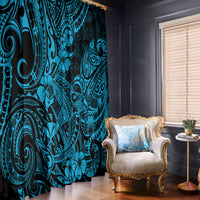 Blue window curtain with dark tribal shark motif and floral swirl pattern, full panel length