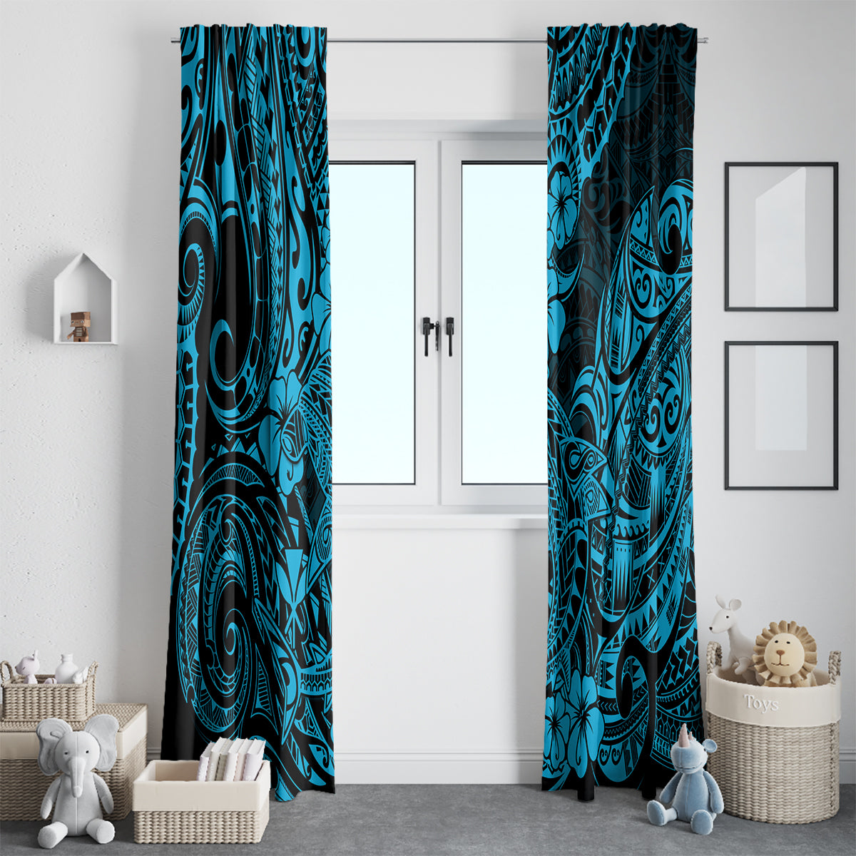 Blue window curtain panels with dark swirling shark pattern, hung on both sides of doorway