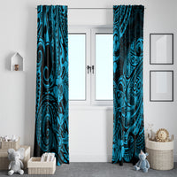 Blue window curtain panels with dark swirling shark pattern, hung on both sides of doorway