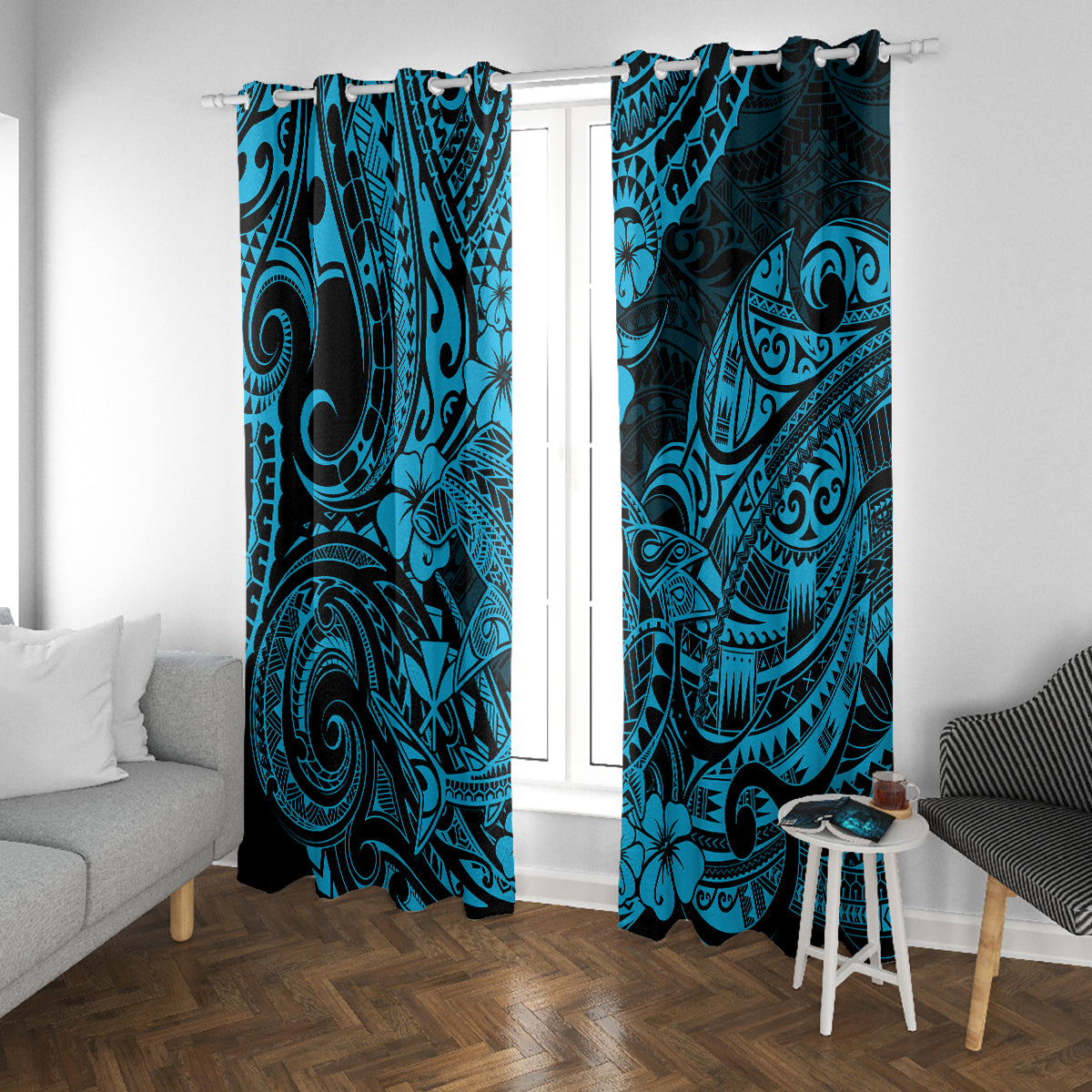 Blue window curtain panels with dark swirling shark design, hung in front of a central door