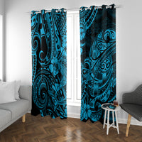 Blue window curtain panels with dark swirling shark design, hung in front of a central door