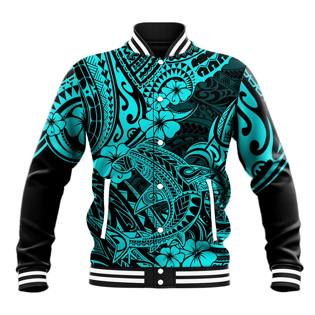 Turquoise shark-pattern baseball jacket, black ribbed collar, snap front, striped cuffs
