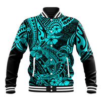 Turquoise shark-pattern baseball jacket, black ribbed collar, snap front, striped cuffs