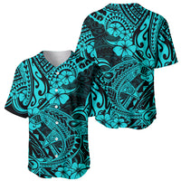 Turquoise shark and hibiscus baseball jersey shown in front and side views, short sleeves.