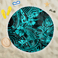 Round turquoise beach blanket with shark tribal pattern, white fringe edge