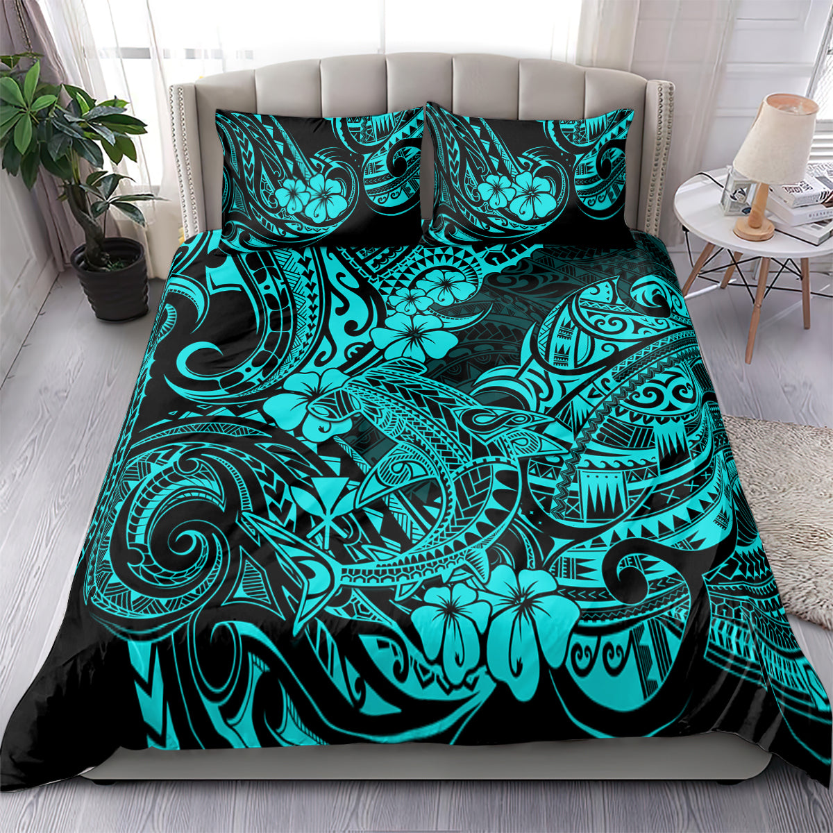 Turquoise Polynesian print bedding set with comforter and two matching pillowcases