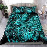 Turquoise Polynesian print bedding set with comforter and two matching pillowcases