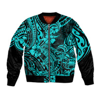 Unisex bomber jacket in turquoise with Polynesian shark pattern, front zip, black sleeves