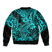 Unisex bomber jacket with turquoise Polynesian print, black sleeves, ribbed hem and cuffs