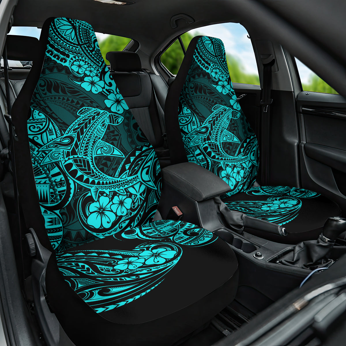 hawaii-shark-car-seat-cover-polynesian-pattern-turquoise-version