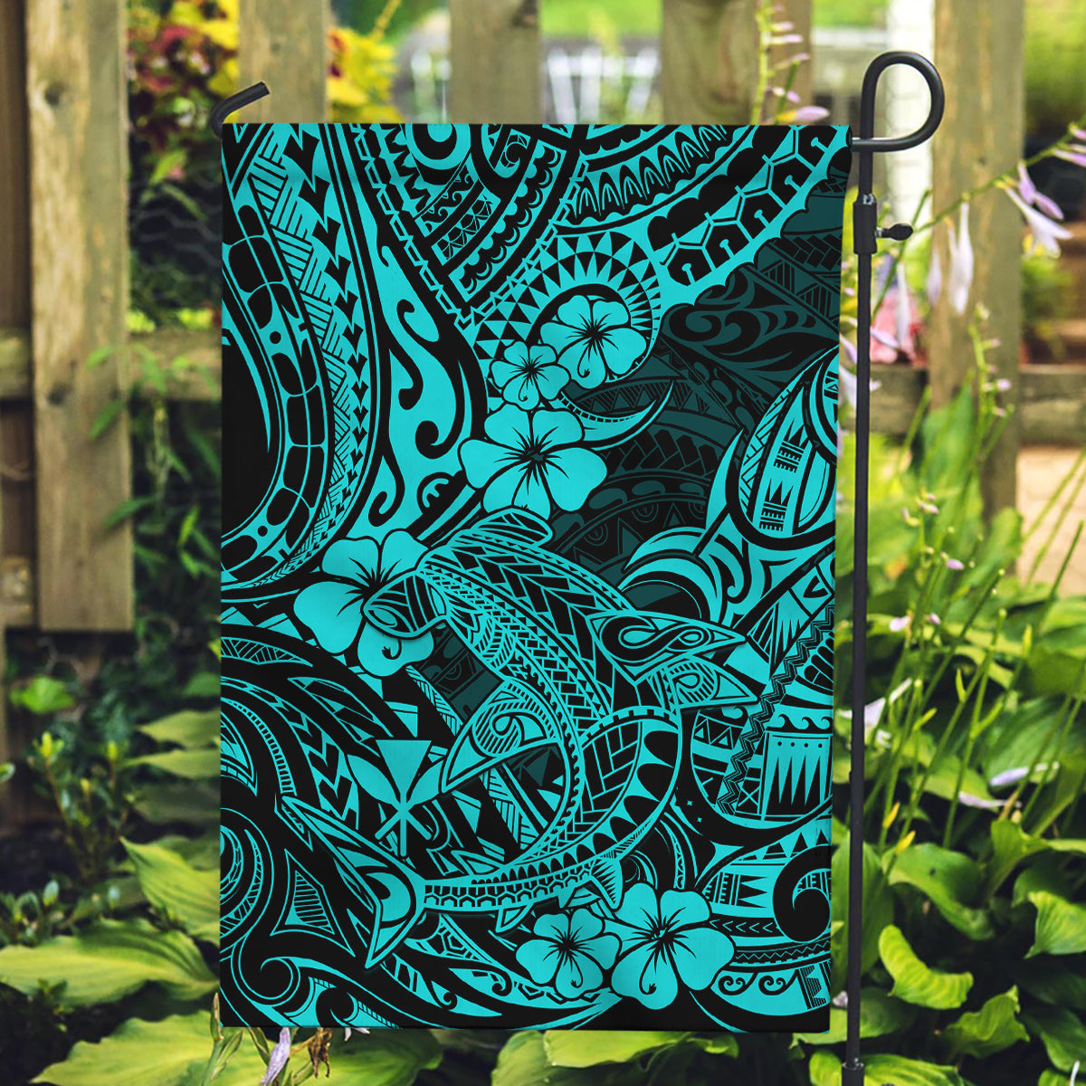 Hawaii Shark Garden Flag Polynesian Pattern Turquoise Version - Wonder Print Shop