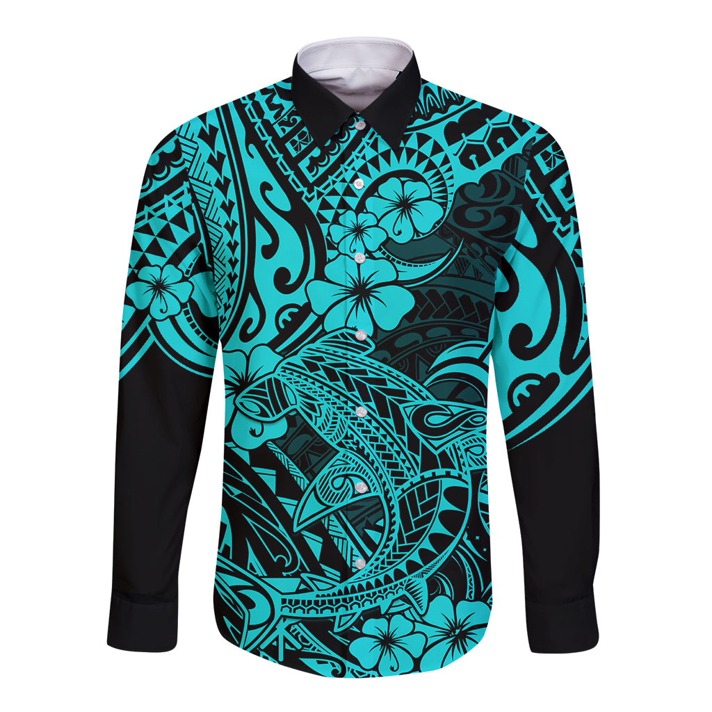 Turquoise long-sleeve button shirt with black shark floral Polynesian pattern
