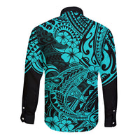 Turquoise long-sleeve button shirt with black shark floral Polynesian print (back)