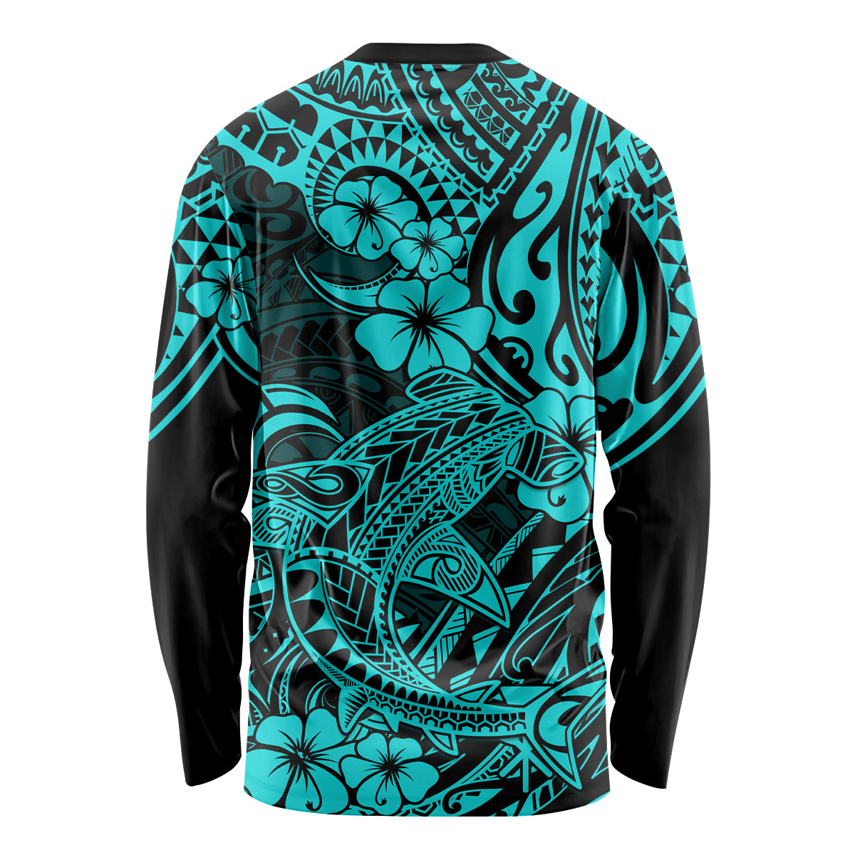 Unisex long sleeve shirt, turquoise and black Polynesian shark graphics, crew neck