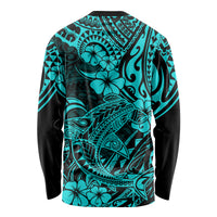 Unisex long sleeve shirt, turquoise and black Polynesian shark graphics, crew neck