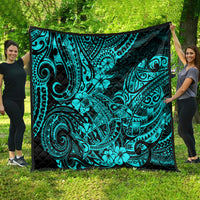 Turquoise shark motif quilt blanket spread outdoors, black border with detailed tribal swirls