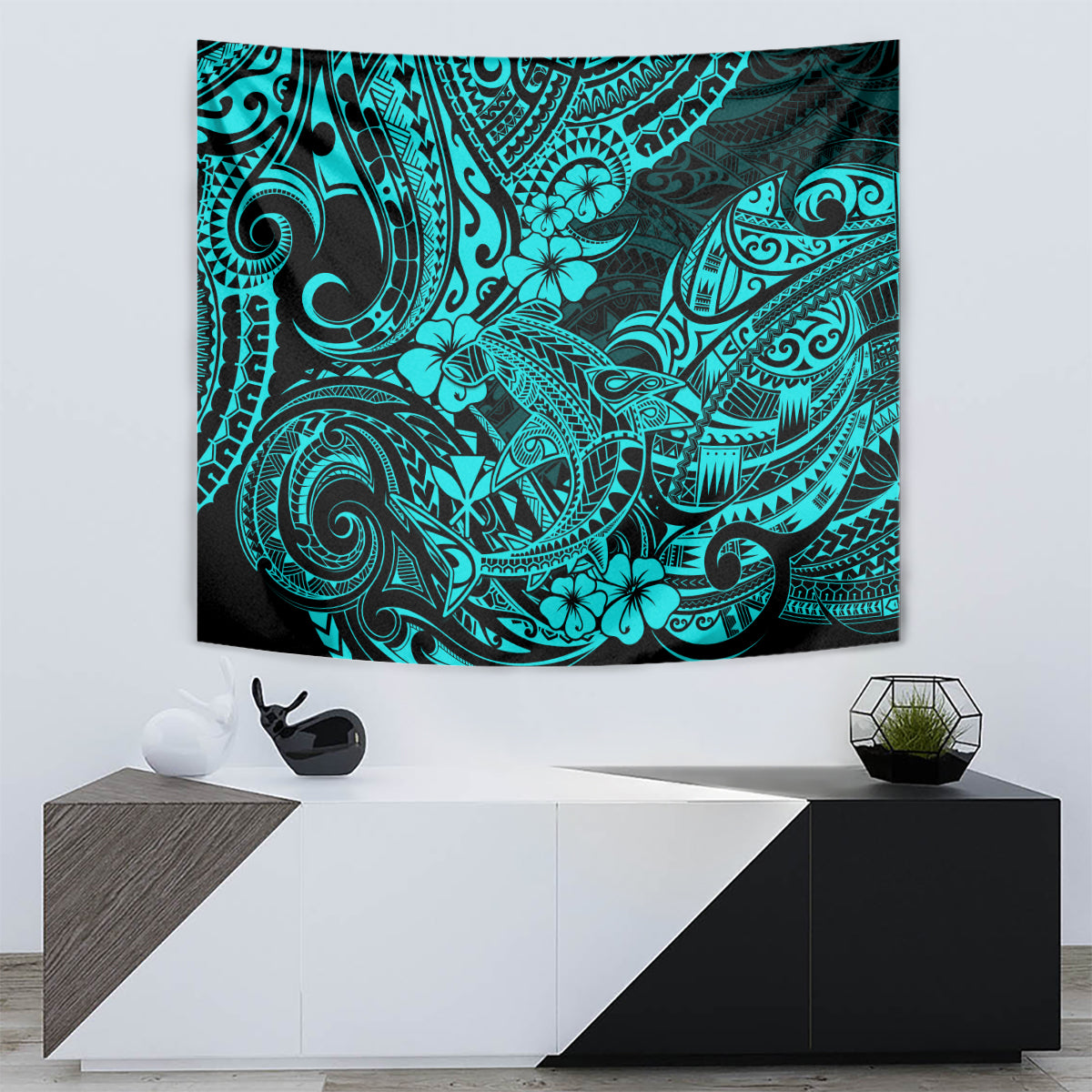 Turquoise Polynesian shark fin tapestry with detailed tribal curls and flower motifs, rectangular