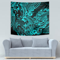 Turquoise and black tribal pattern tapestry featuring shark fin motif and ornate floral accents