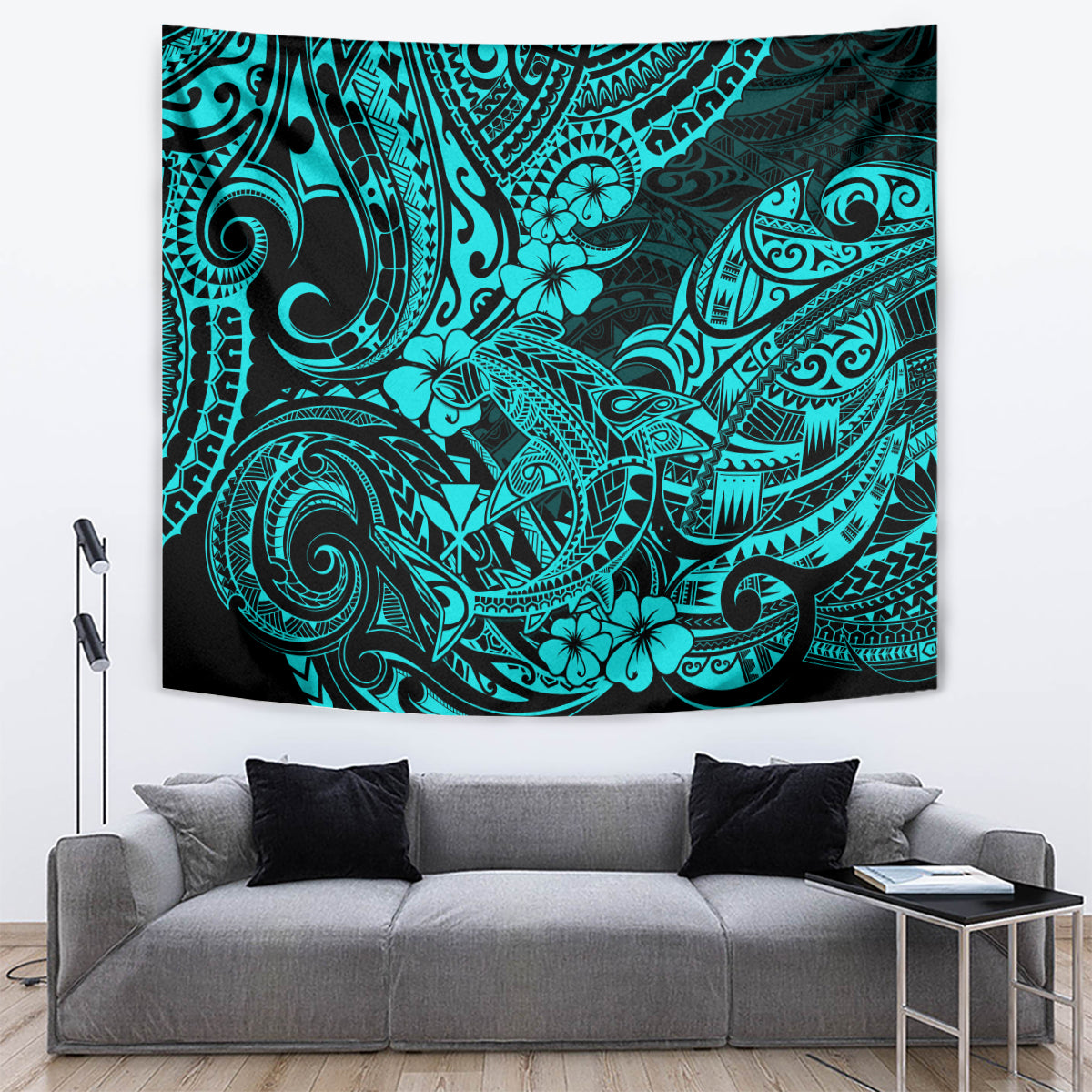 Turquoise shark fin tapestry with intricate tribal lines, swirls, and flower shapes, rectangular