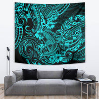 Turquoise shark fin tapestry with intricate tribal lines, swirls, and flower shapes, rectangular