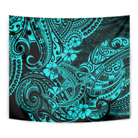 Turquoise Polynesian shark fin tapestry close-up with bold tribal curls and floral motifs