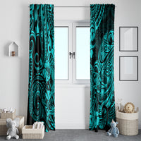 Turquoise patterned window curtains, dark teal tribal designs on two panels with rod header