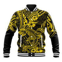 Yellow and black shark baseball jacket with Polynesian-style graphic, ribbed collar and cuffs.