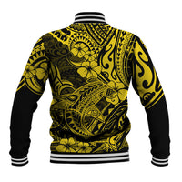 Back view of yellow and black shark baseball jacket with Polynesian-style graphic, ribbed hem and cuffs.