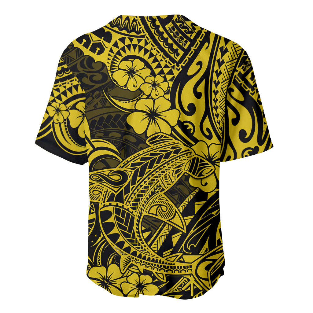 Yellow baseball jersey with black polynesian shark and floral tribal print, short sleeves