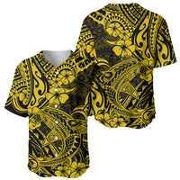 Yellow baseball jersey with black shark, hibiscus and tribal swirl print, collared