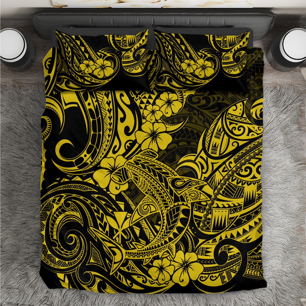 Yellow and black Polynesian shark bedding set with bold decorative pattern and pillow shams