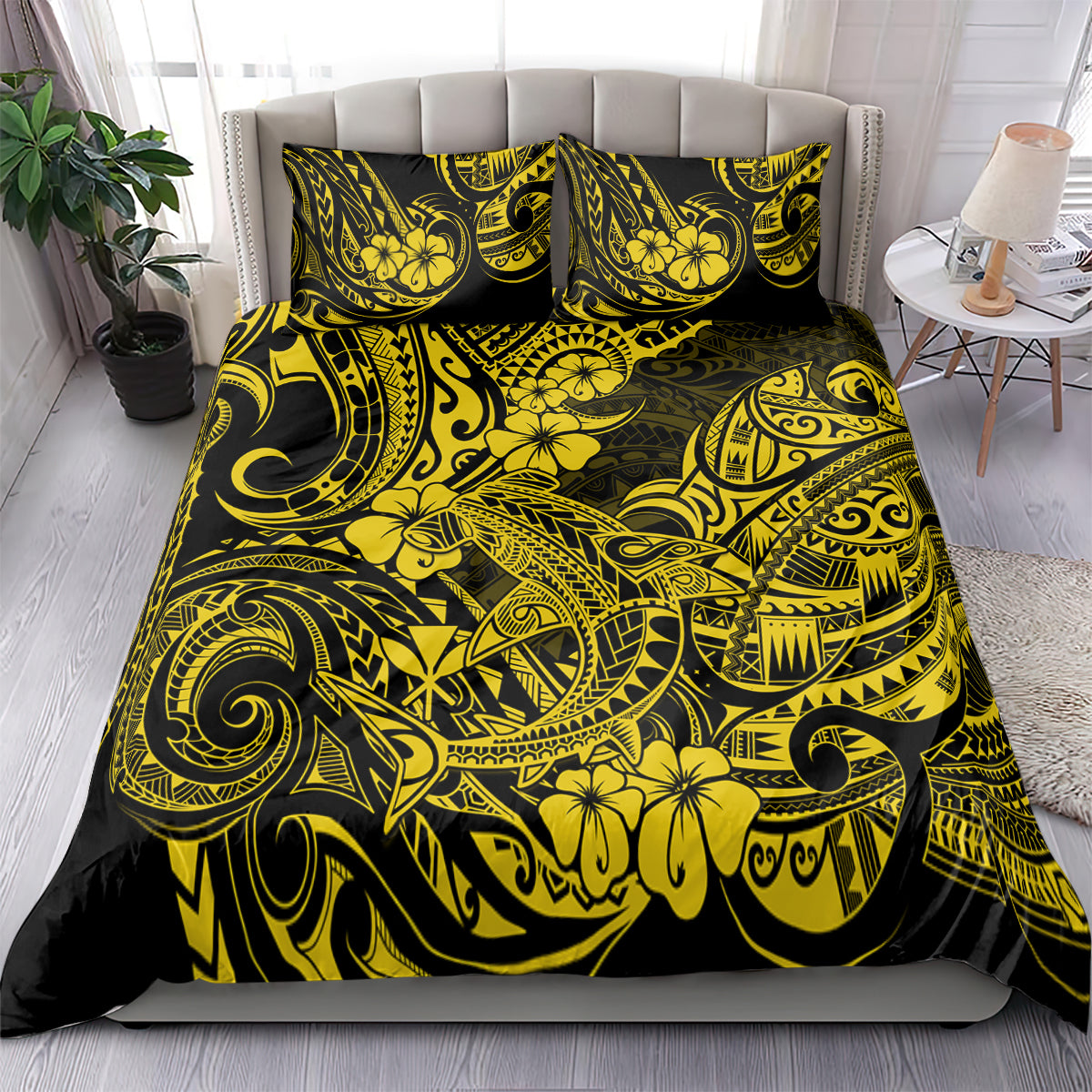 Yellow and black Polynesian shark comforter set with matching pillow shams, ornate swirl pattern
