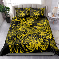 Yellow and black Polynesian shark comforter set with matching pillow shams, ornate swirl pattern