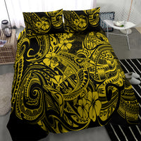 Yellow and black Polynesian shark bedding set with ornate floral and tribal-inspired graphics
