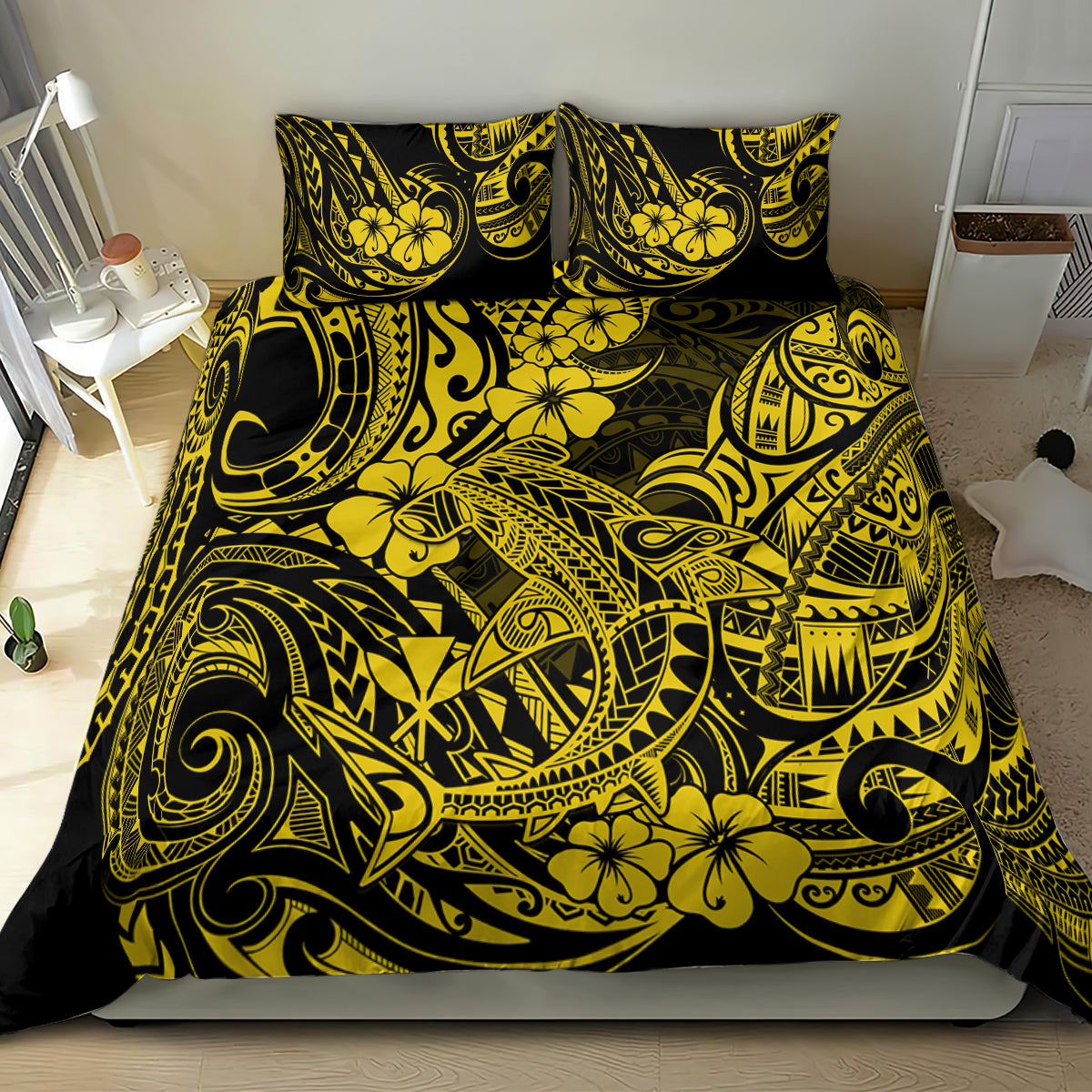 Yellow and black Polynesian shark comforter set with two pillows and bold geometric motifs
