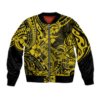 Unisex yellow/black bomber jacket with full zip, Polynesian shark print