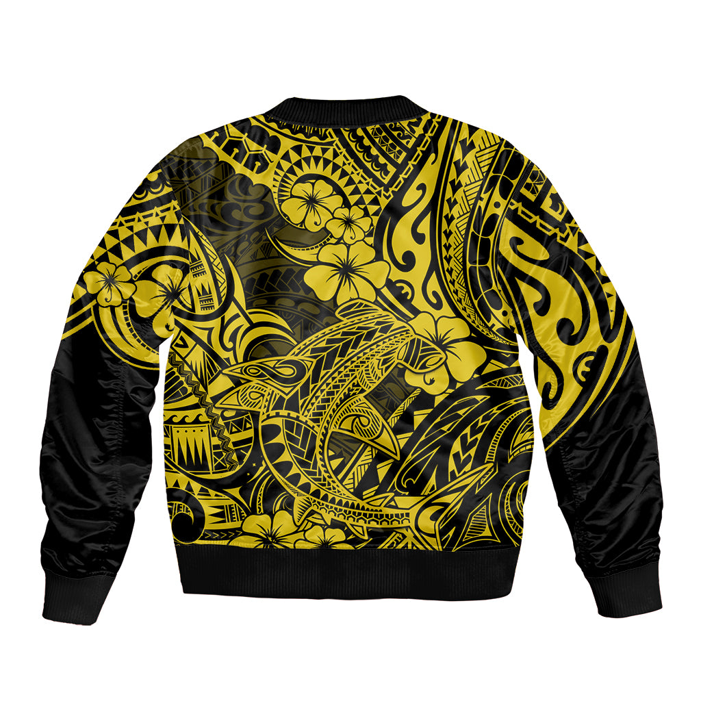 Unisex yellow/black bomber jacket with Polynesian shark print, ribbed cuffs