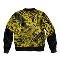 Unisex yellow/black bomber jacket with Polynesian shark print, ribbed cuffs