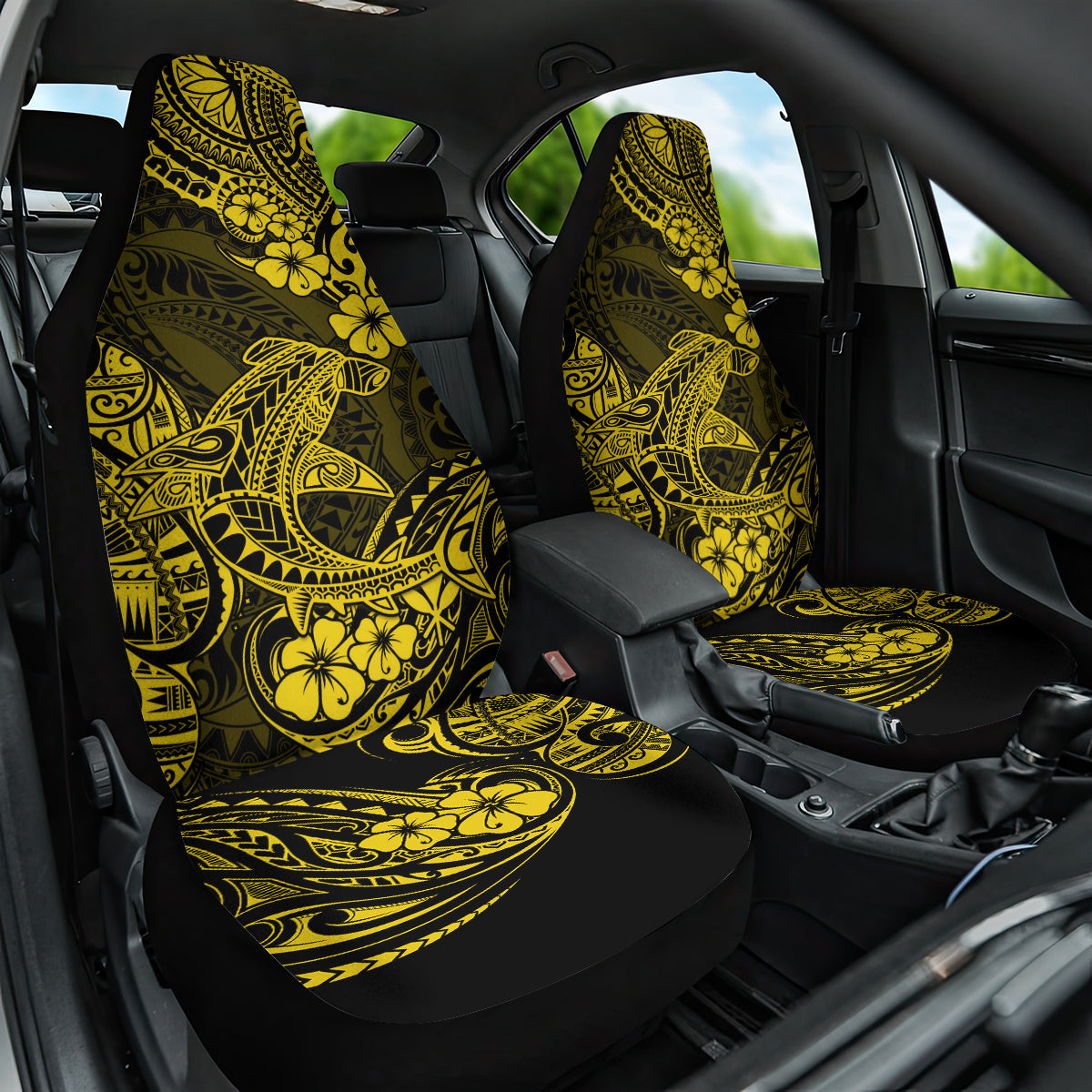 hawaii-shark-car-seat-cover-polynesian-pattern-yellow-version