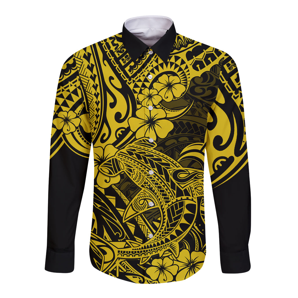Yellow and black long-sleeve button-up shirt with polynesian shark graphic and collar