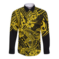 Yellow and black long-sleeve button-up shirt with polynesian shark graphic and collar