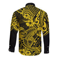 Yellow and black long-sleeve button-up shirt with back polynesian shark and tiki pattern