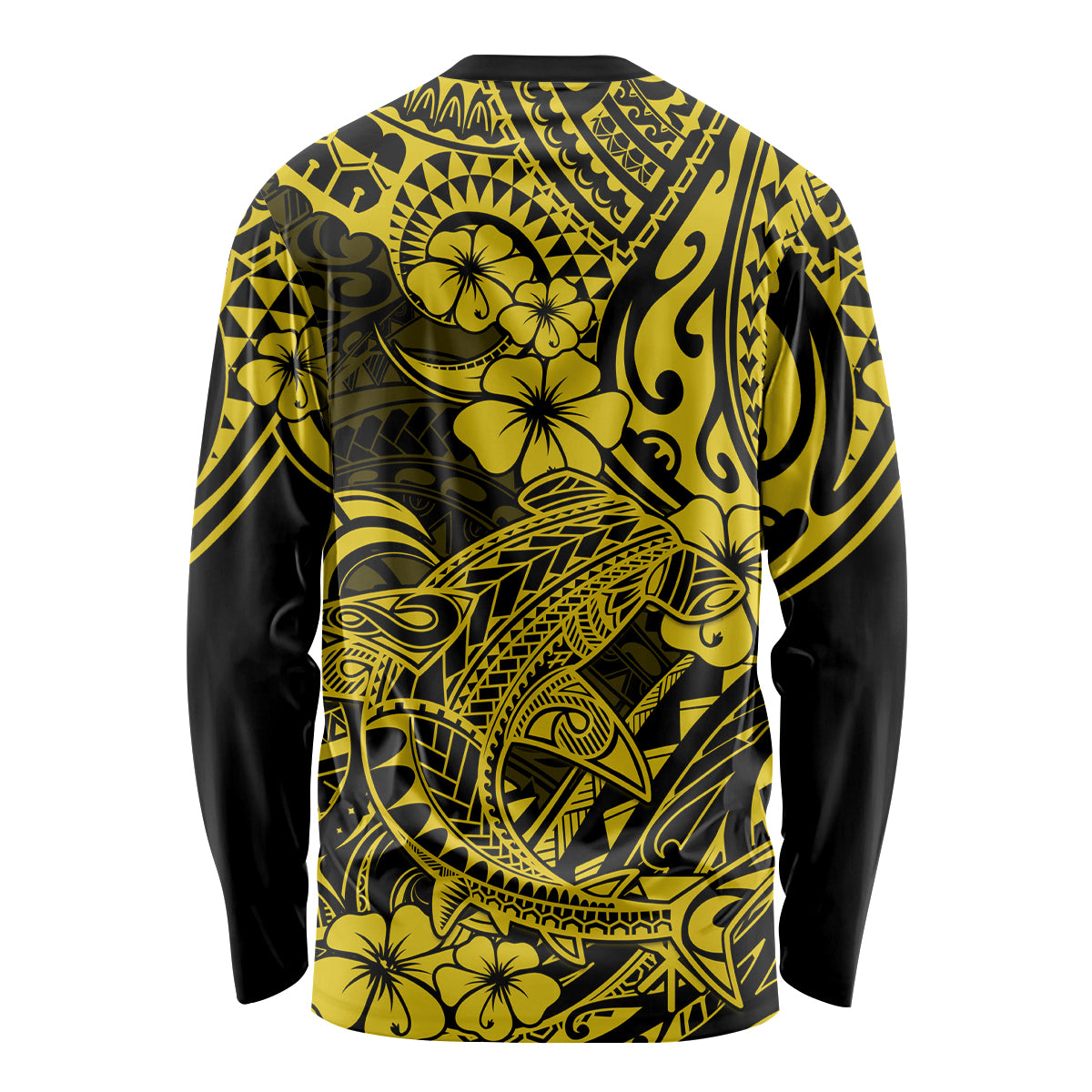 Unisex yellow and black long sleeve shirt back view with Polynesian shark and floral print