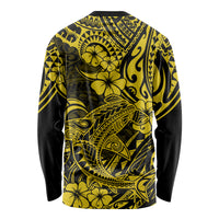 Unisex yellow and black long sleeve shirt back view with Polynesian shark and floral print
