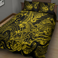 Yellow and black patterned quilt with two pillow covers, Polynesian shark motif