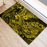 Black and yellow Polynesian pattern rubber doormat with shark motif
