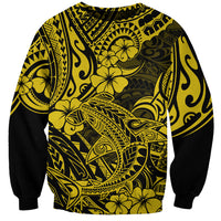 Yellow and black pullover sweatshirt with Polynesian shark and flower pattern